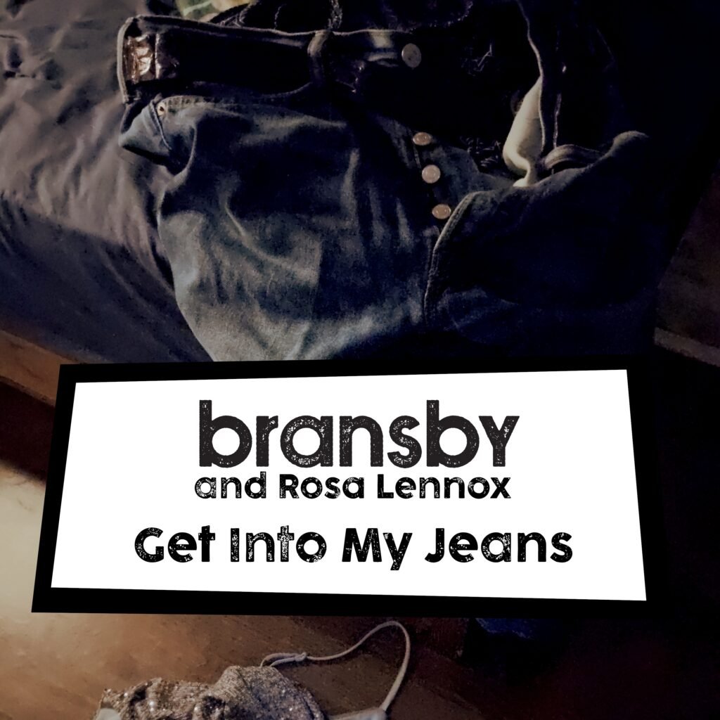 cover art for Get Into My Jeans by Bransby and featuring Rosa Lennox. Picture shows crumpled jeans and a woman's top on the floor at the end of a bed.
