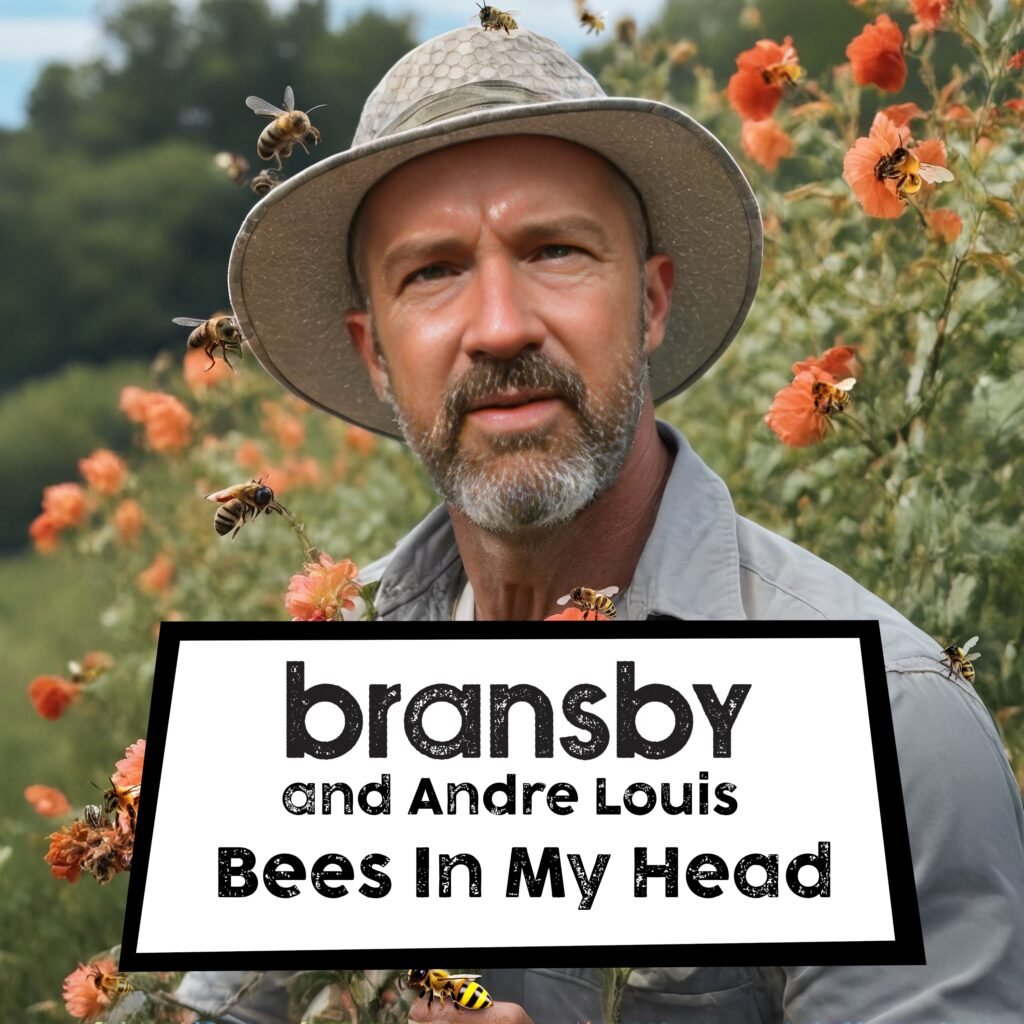 Cover art for Bees In My Head by Bransby and Andre Louis, picture shows a confused-looking Bransby in a colourful garden full of bees