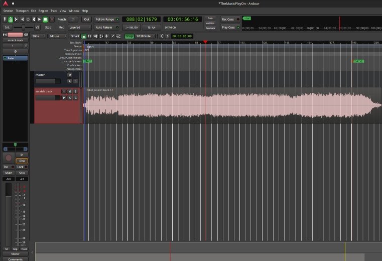 a screen grab showing Ardour digital audio workstation with a single track recorded