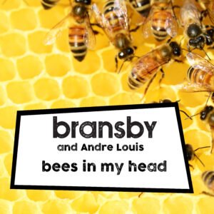 cover art for Bees In My Head by Bransby and Andrew Louis, it shows bees on a bright yellow honeycomb